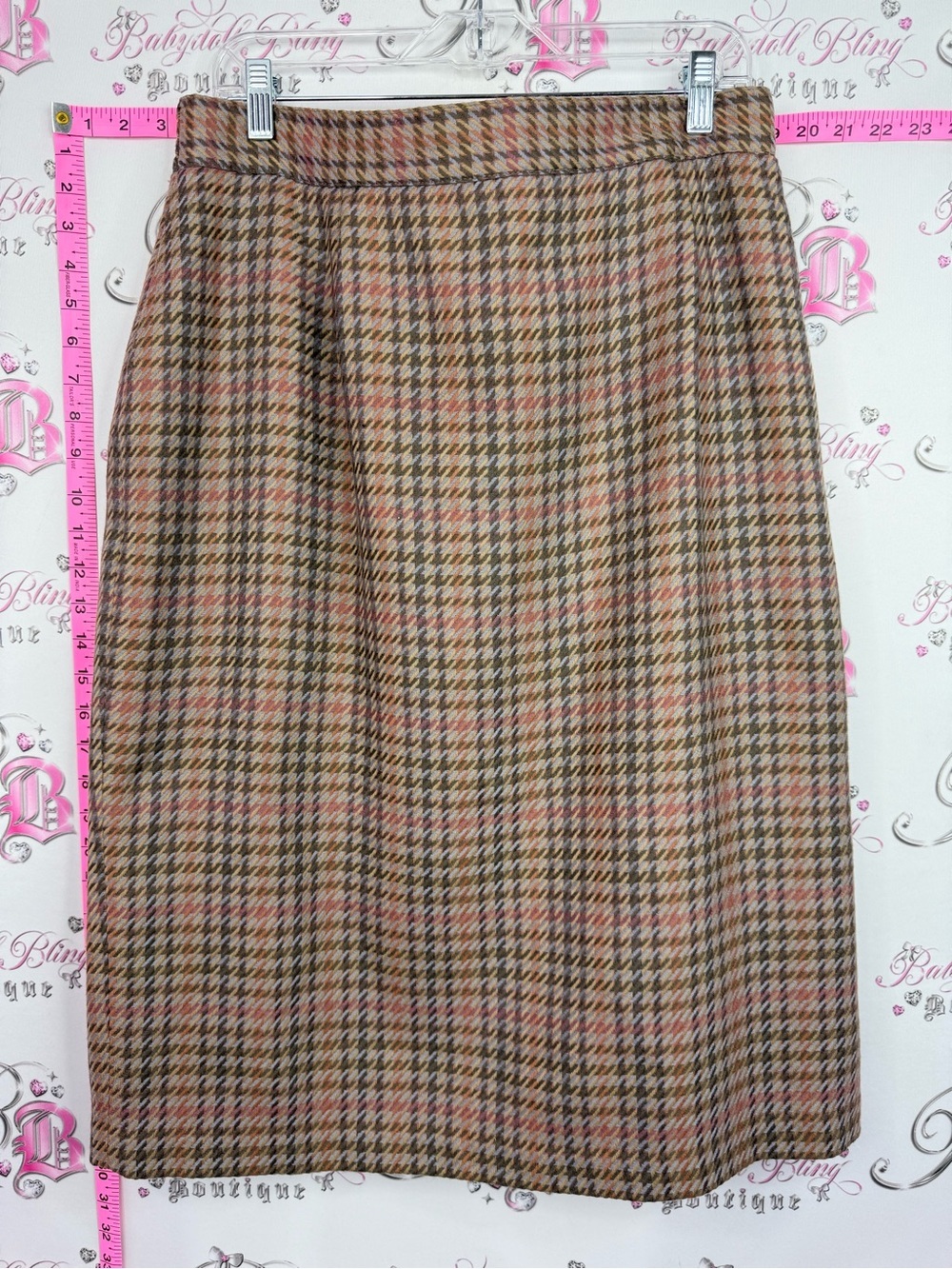 Conrad C collection skirt wool houndstooth vintage Midi Pencil Brown Plaid
